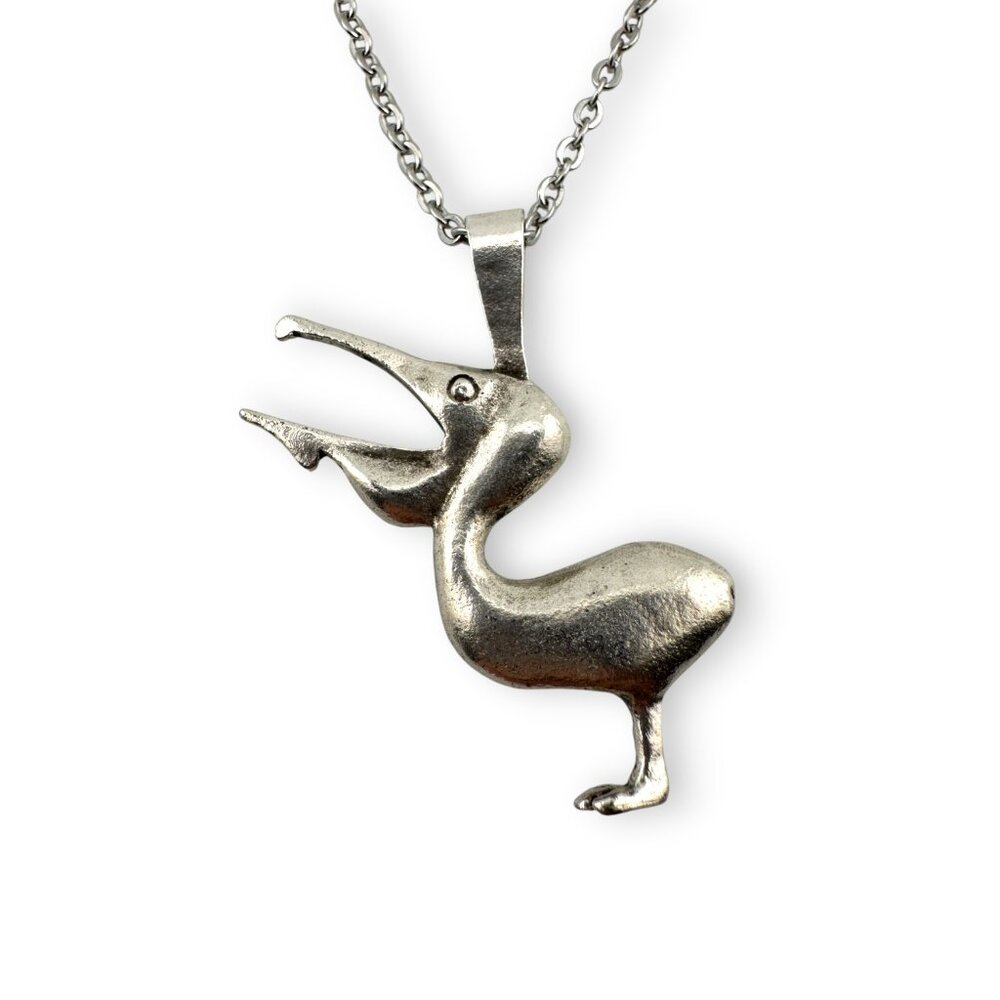 Antique Silver Pelican Necklace | Silver Plated Pendant | Stainless Steel Chain